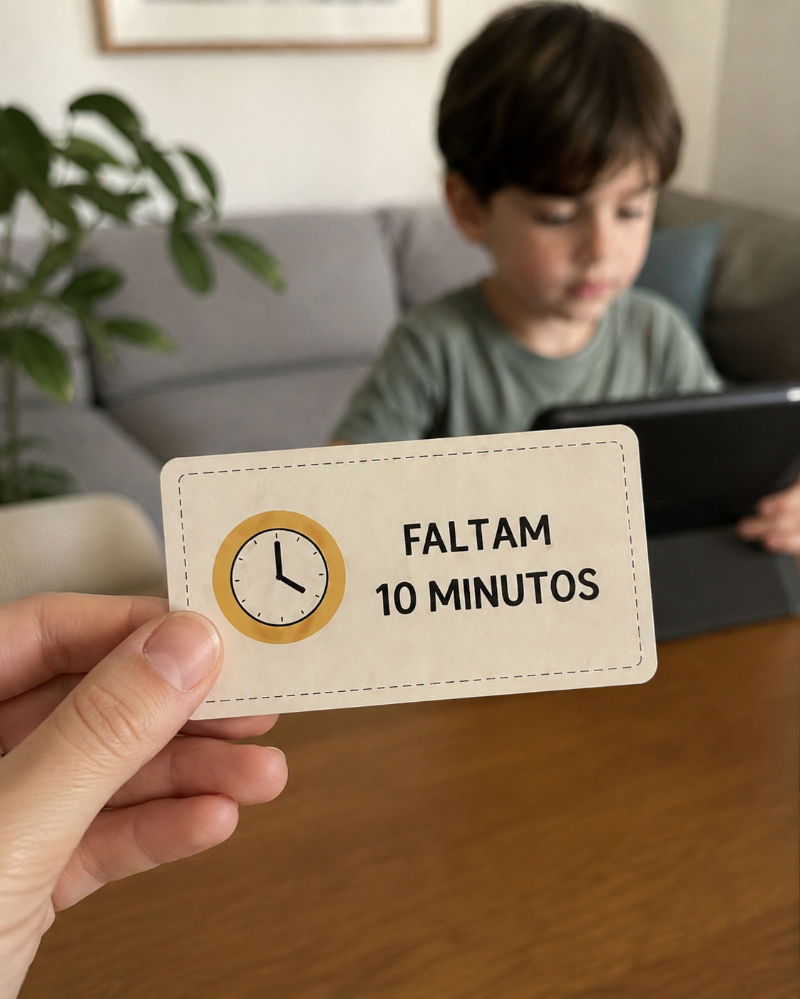 Mão segurando o cartão Faltam 10 minutos diante de uma criança usando tablet