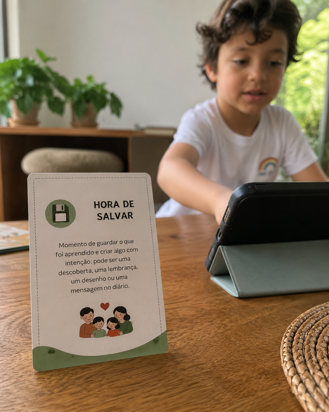 Cartão Hora de Salvar em uma mesa com criança e tablet ao fundo