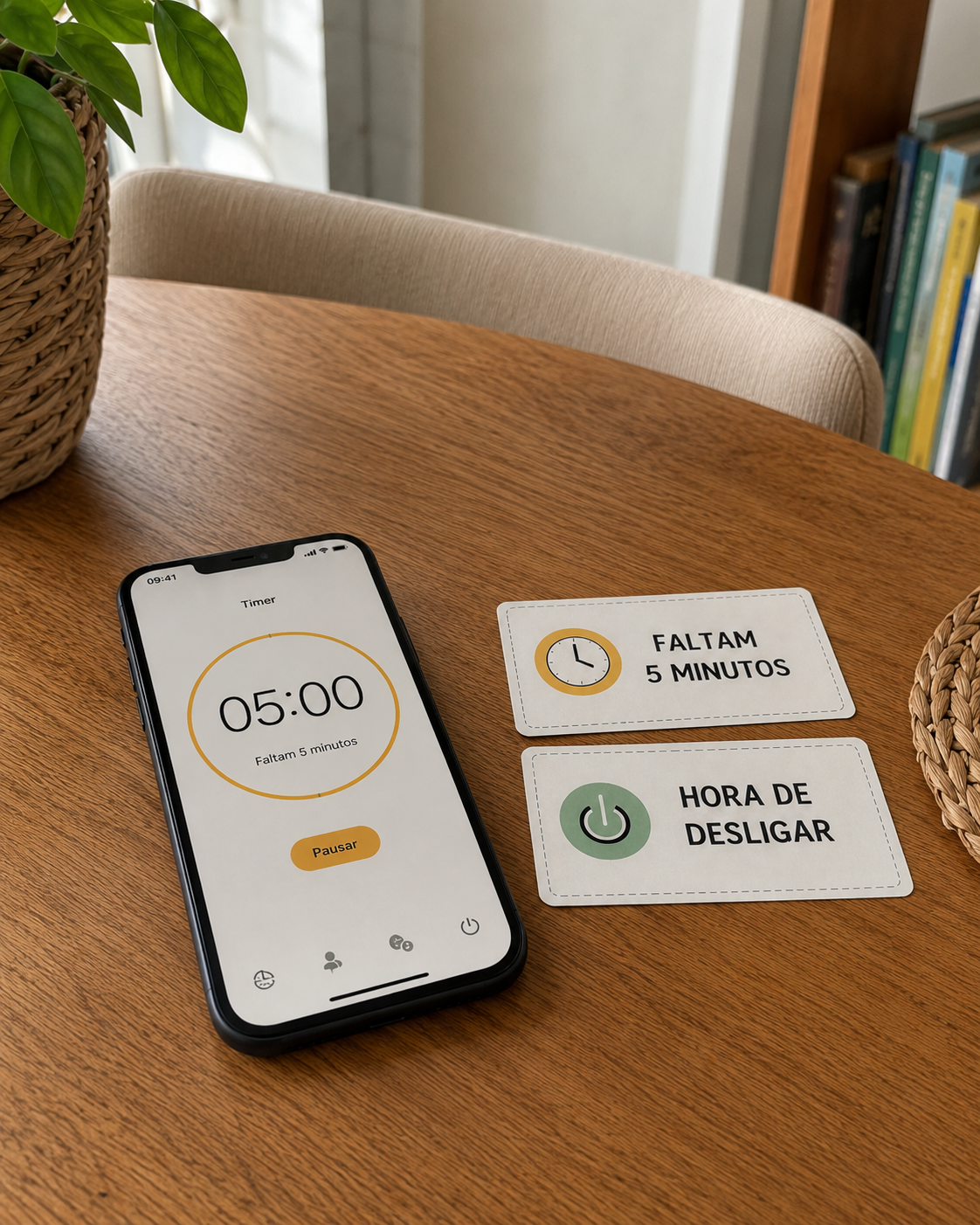 Celular mostrando timer de cinco minutos ao lado de cartões do kit